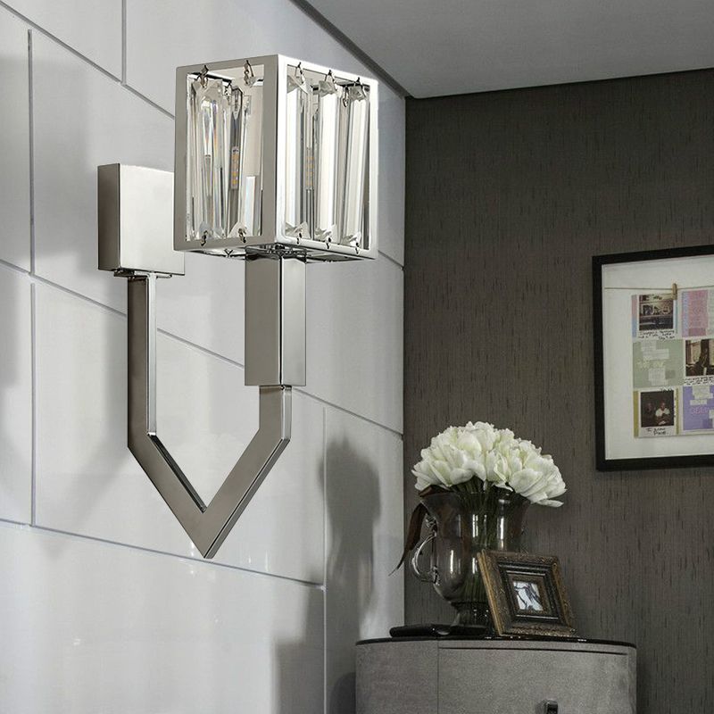 Rectangular Wall Sconce Modern Style Metal 1/2-Light Chrome Finish Wall Mount Light with Clear Crystal Accent