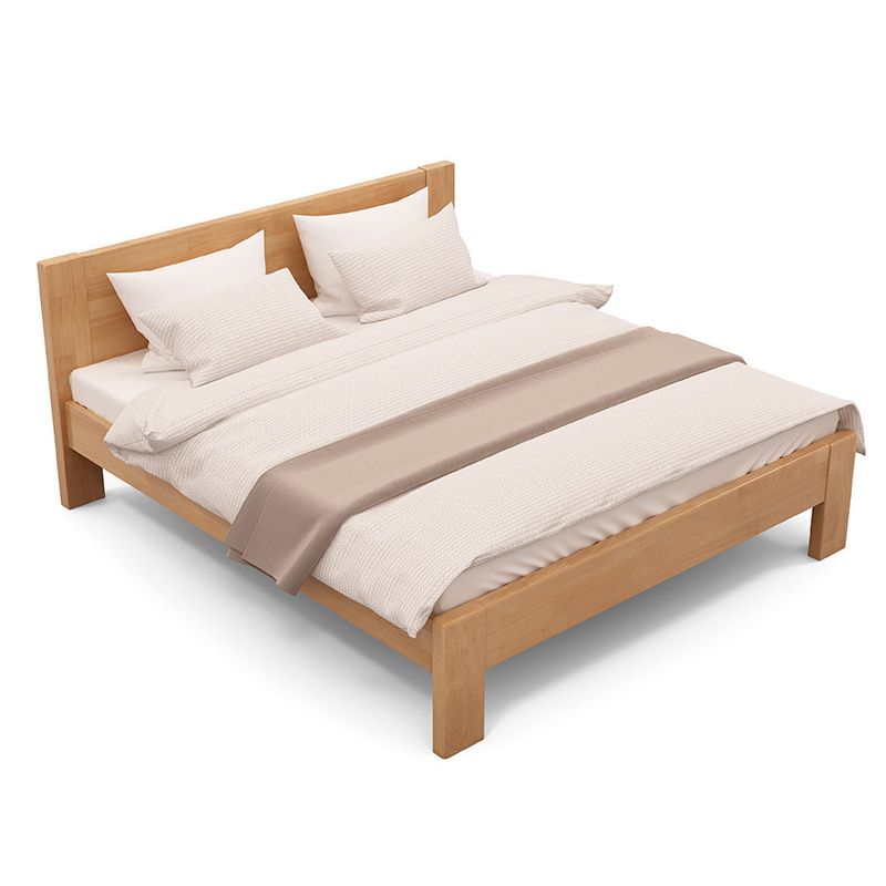 Modern Solid Color Panel Bed Rubberwood Standard Bed with Headboard