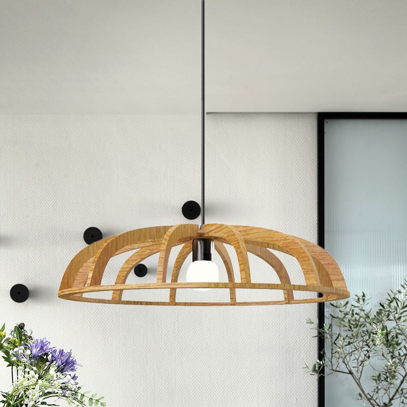 Flat Bowl Frame Hallway Suspension Light Wood 1 Bulb Asian Style Beige Ceiling Pendant Light