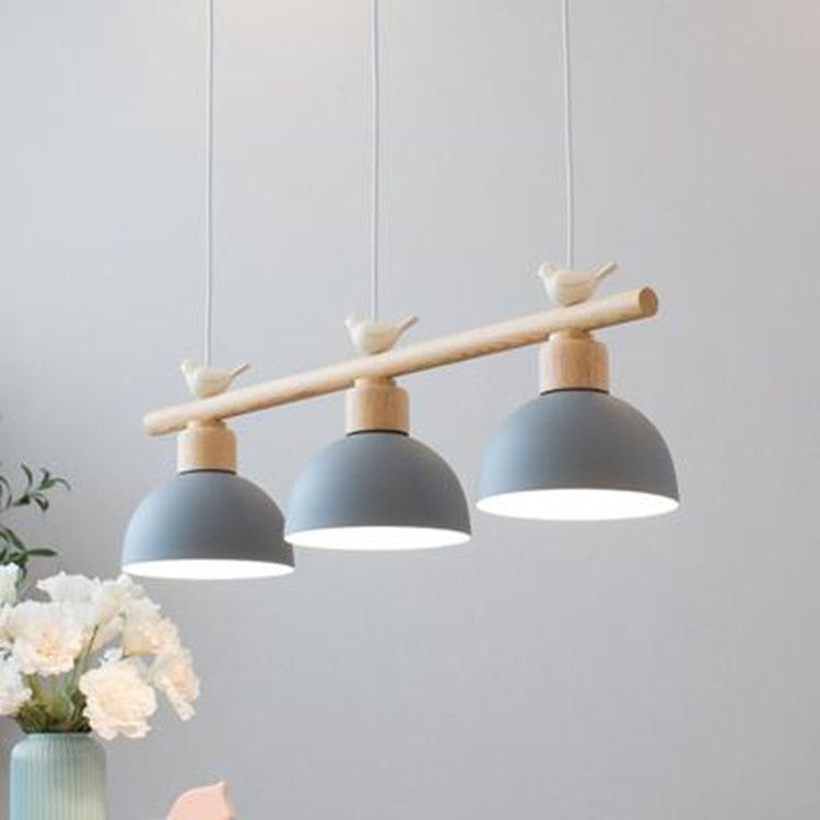3 Lights Island Pendant Macaron Bowl Metal Pendant with Wood Electric Light Socket