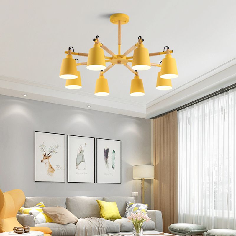 8 Bulbs Living Room Chandelier Macaron Wood Pendant Light with Tapered Metal Shade
