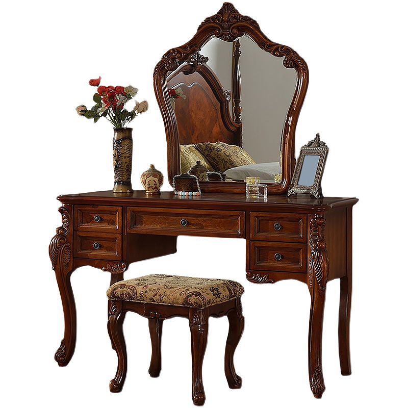 18.89" Wide Brown Vanity Set with Mirror Glass Make-up Vanity with 5 Storage Drawers