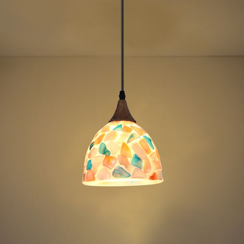 Mosaic Effect Bell Hanging Lamp Mediterranean Beige Shell Pendant Lighting for Kitchen