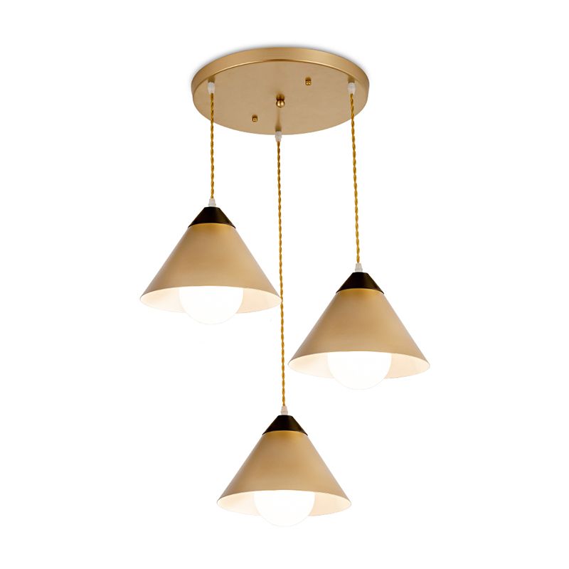 Conical Metal Multiple Hanging Light Postmodern 3 Heads Black and Gold Pendant Lamp with Round/Linear Canopy