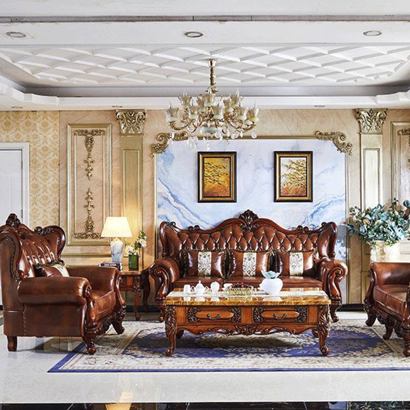Traditional Tufted Split-Back Seating Flared Arm Sofa with Pillows in Brown