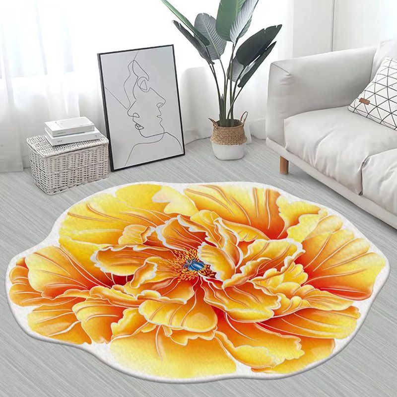 Yellow Flower Carpet Polyester Casual Carpet Washable Rug for Living Room