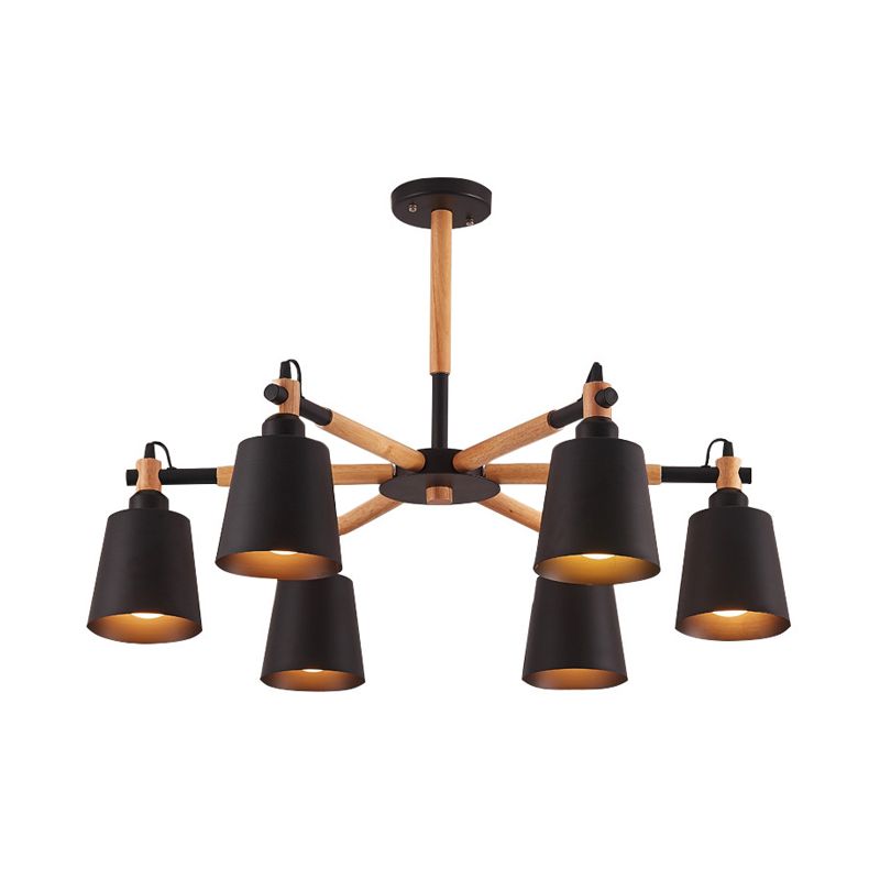 Cone Salon Chandelier Light Nordic Metal 6 Bulbes Lampe suspension noire / blanche avec bras en bois