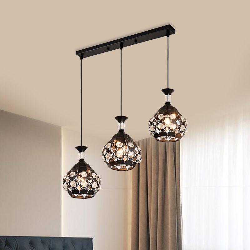 Black Laser-Cut Onion Suspension Light Modernism 3 Bulbs Crystal Encrusted Cluster Pendant