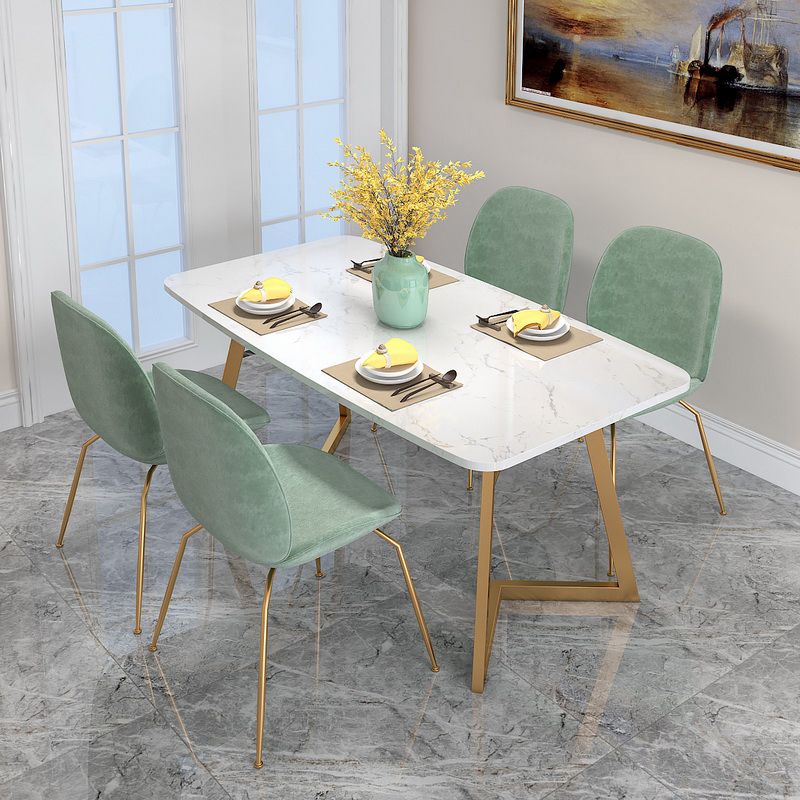 White Stone Top Dining Table Glam Style Gold Base Dining Table for Living Room