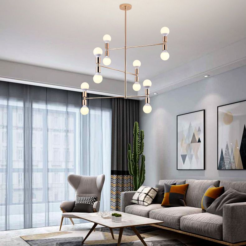 Postmodern 3-Arm Chandelier Metallic 12-Bulb Living Room Hanging Lamp with Shadeless Design