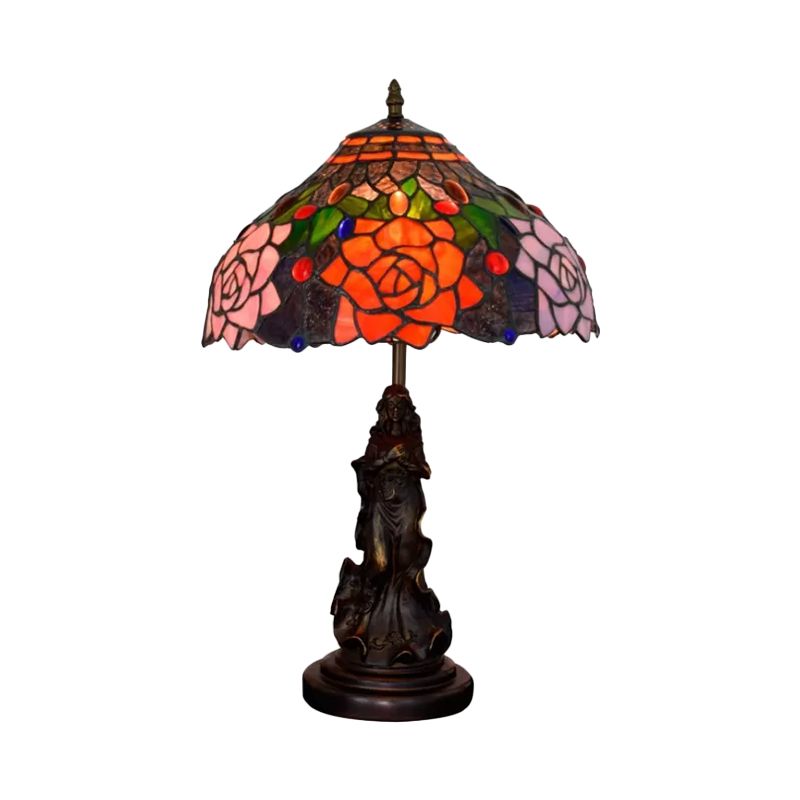 Stained Art Glass Red/Orange Night Light Flowering Single Bulb Tiffany-Style Table Lamp with Angel Statue