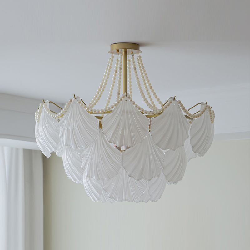 Nordic Shell Shape Chandelier Glass Multi Light Hanging Light in White for Bedroom