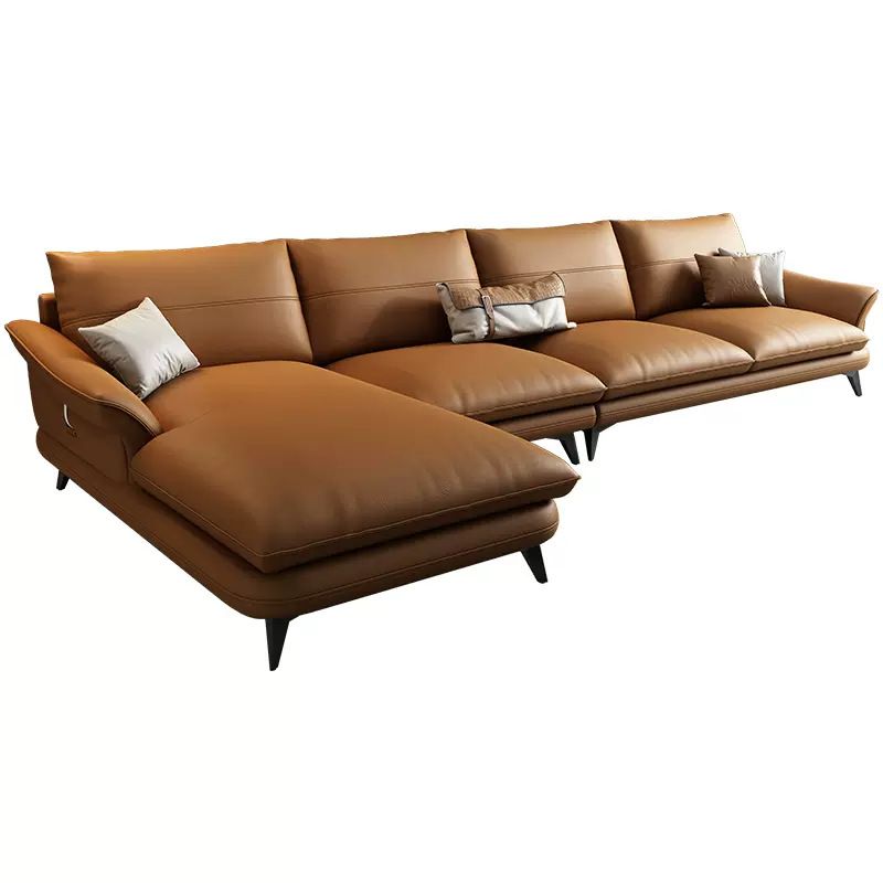 Nordic Stationary Genuine Leather Living Room Flared Arm Sofa Chaise