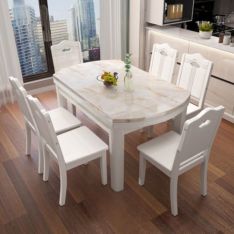 7 Piece Dining Room Chair and Table Set in White, Contemporary Style