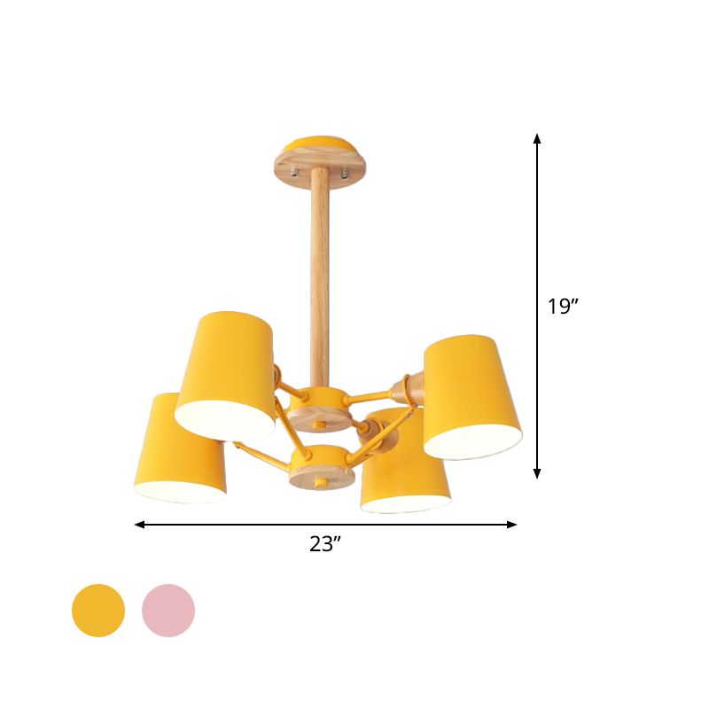 Pink/Yellow Barrel Semi Flush Lighting Macaron 4-Light Metal Flush Mounted Ceiling Lamp with Wood Rod