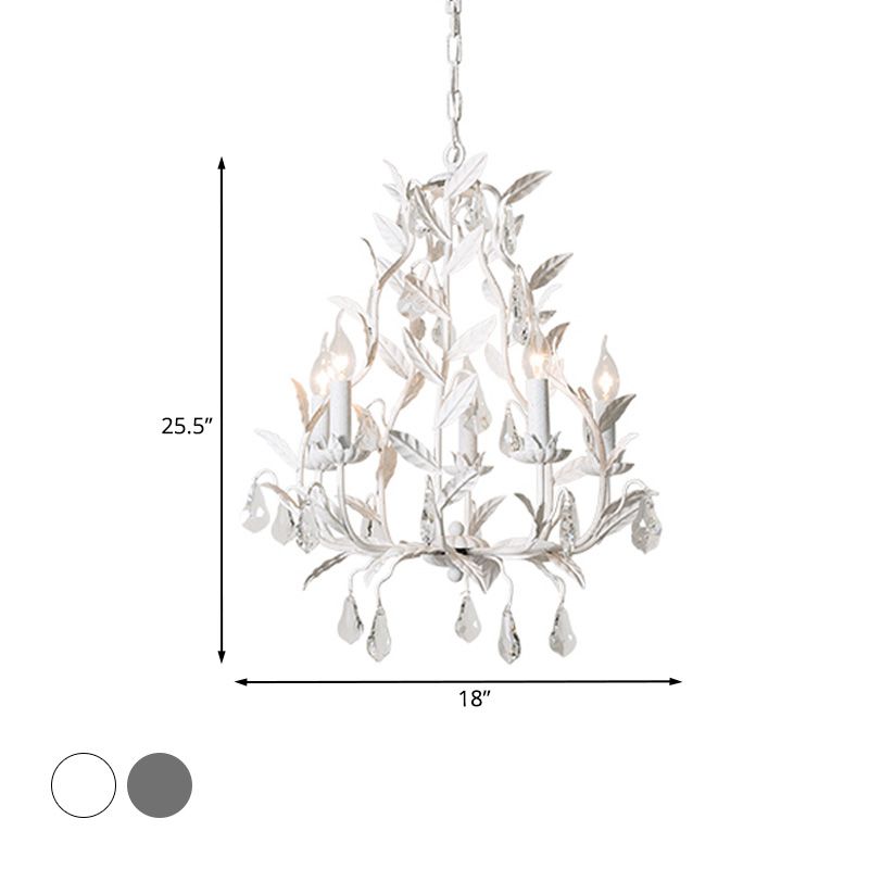 Leaf Hanging Chandelier Traditional 5-Bulb Dangling Crystal Bead Suspended Lighting Fixture in Grey/White