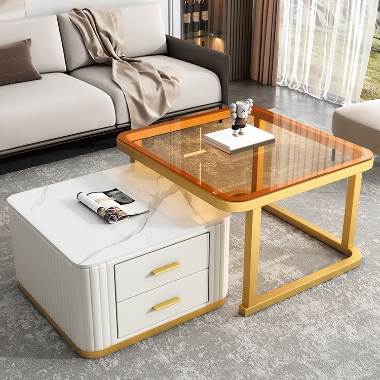 Modern Square Stone Coffee Table with Drawers 2 Nesting Cocktail Table Set