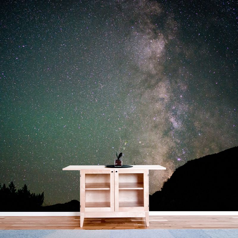 Mountain Aurora View Mural Decal Aqua Contemporary Wall Decoration for Living Room