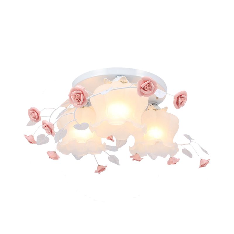 Plafonnier Bloom en verre opale, luminaire de campagne à 3 têtes pour chambre à coucher, blanc/vert