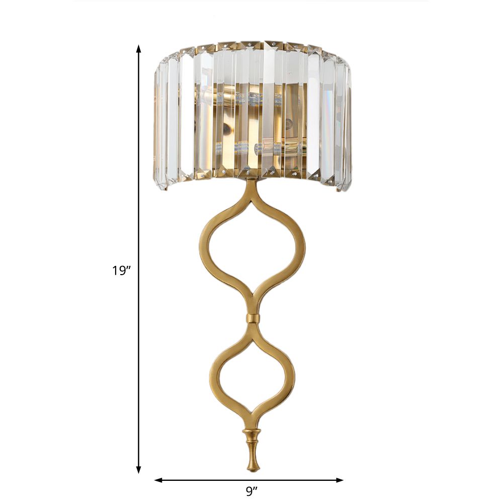 Contemporary 2 Lights Wall Mount Light with Crystal Rectangle Shade Brass Half Cylinder Sconce Light