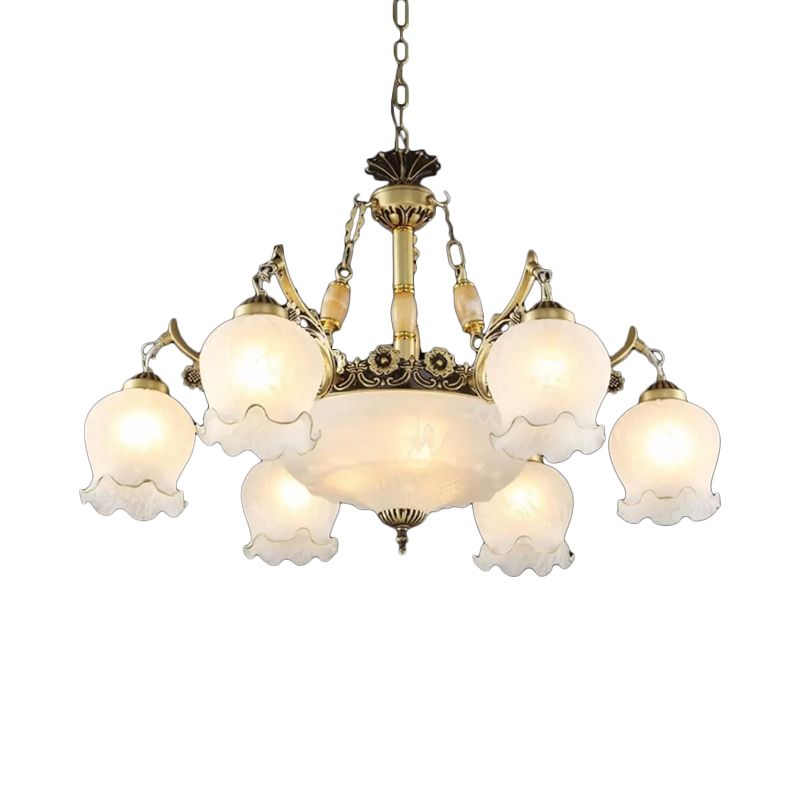 Traditionele bloemen hanglamp lichtarmatuur 9-bulb mat wit glas kroonluchter lamp in brons