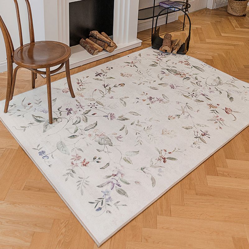 White Plant Pattern Area Carpet Polyester Bohemian Area Rug Easy Care Washable Rug for Home Decor