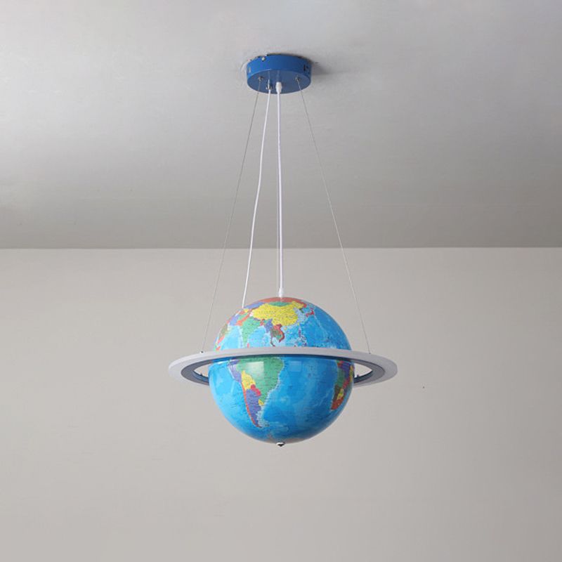 Blue Terrestrial Globe Chandelier Creative LED Acrylic Hanging Pendant with Ring for Nursery