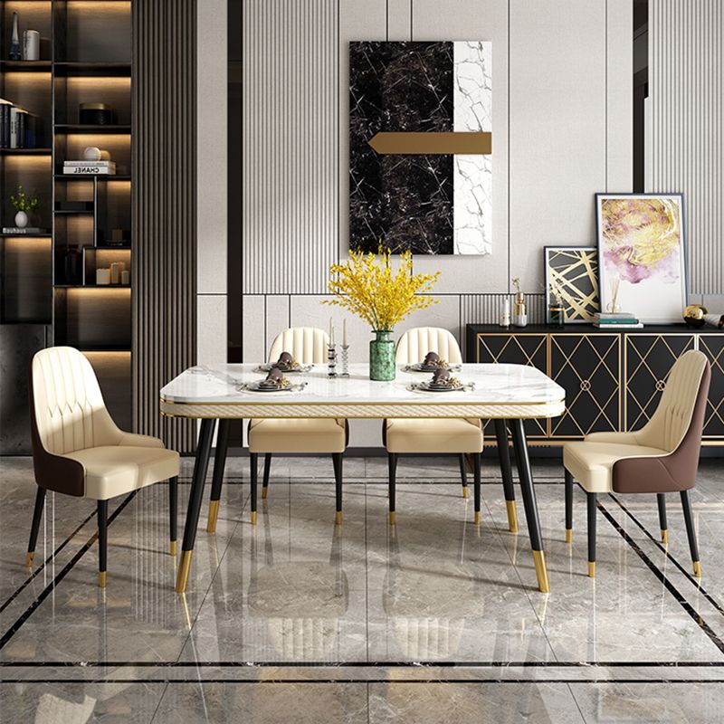 White Stone Rectangle Top Table Traditional Luxury Metal Base Dining Table