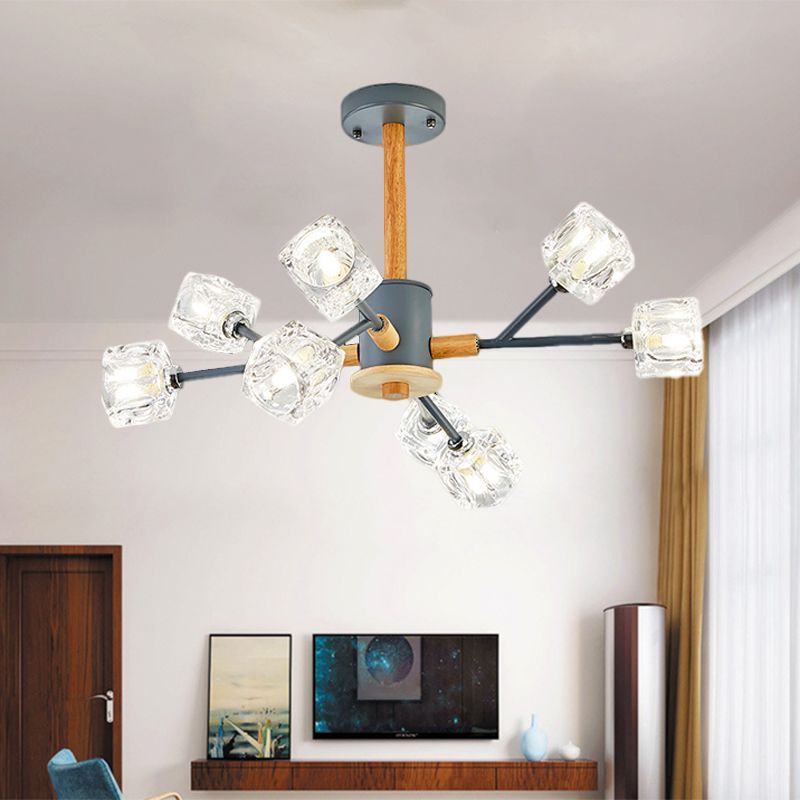 Cube Clear Crystal Hanging Light Kit Modernismus 8 Köpfe Grau und Holzzweig Kronleuchter