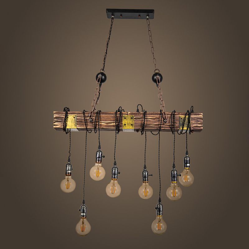 8-Light Wooden Island Pendant Light in Industrial Vintage Style Wrought Iron Ceiling Light for Commercial Place