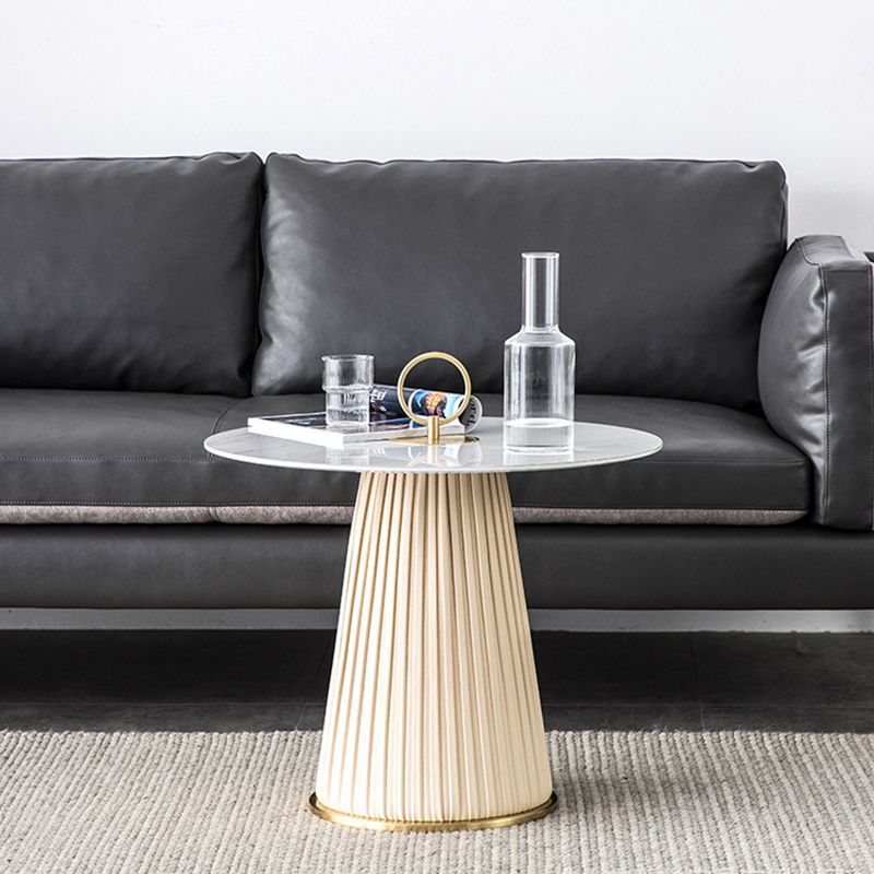 Glam Stone Top Coffee Table Pedestal Round Cocktail Table in White