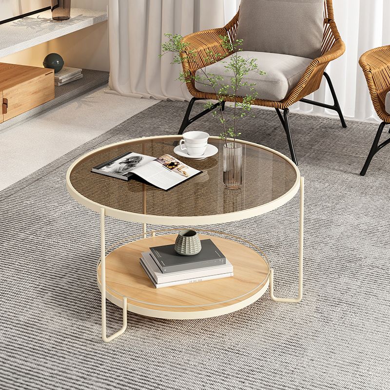 Round Glass Top Coffee Table 17.7" H Iron 3 Legs Cocktail Table with Shelf