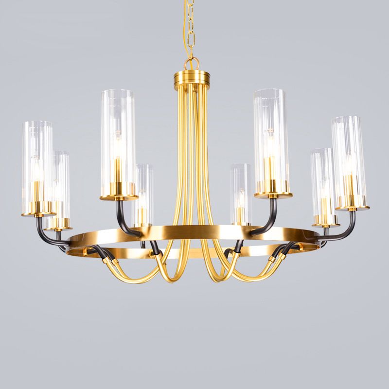 Post-Modern Metal Hanging Chandelier Light Cylinder Clear Glass Shade Ceiling Chandelier in Gold for Living Room