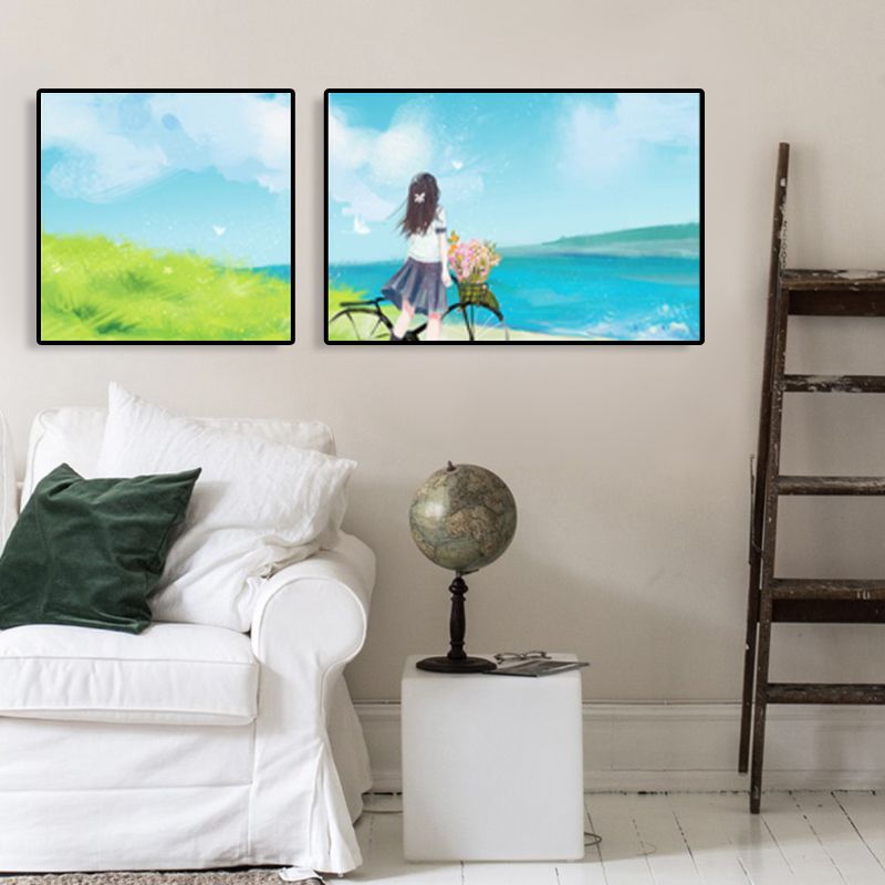 Painting Outings Canvas Print Cartoon Multi-Piece Wall Art in Soft Color for Kids Room