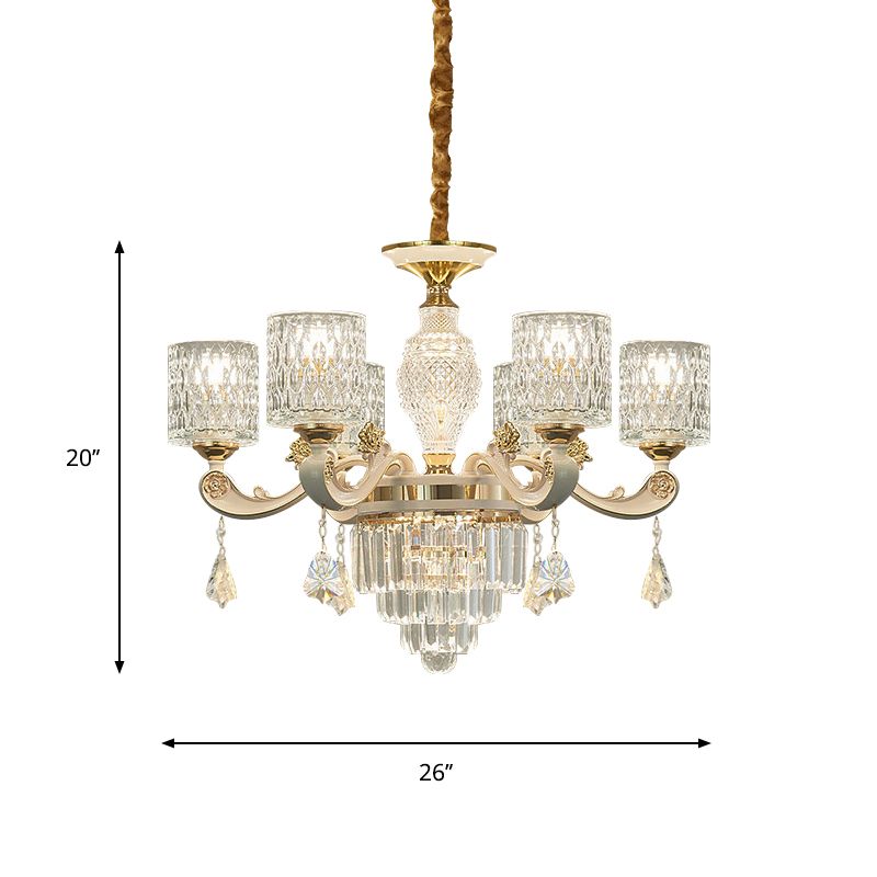 6/8-Light Crystal Pendant Lighting Modernism Gold Cylinder Dining Room Up Chandelier Lamp Fixture