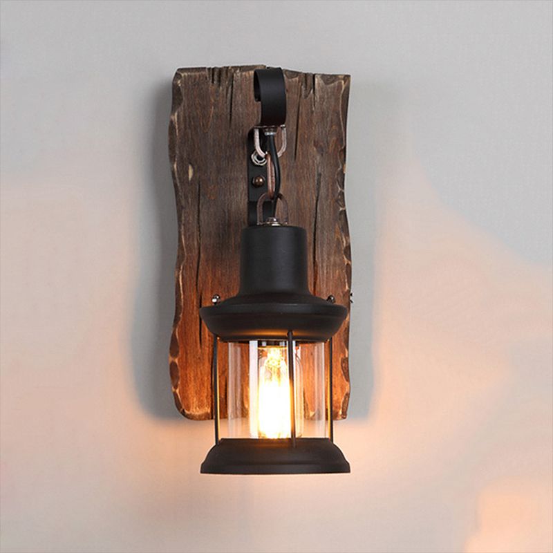 Black One Light Sconce Light Rustic Clear Glass Caged Lighting Fixture with Wooden Backplate