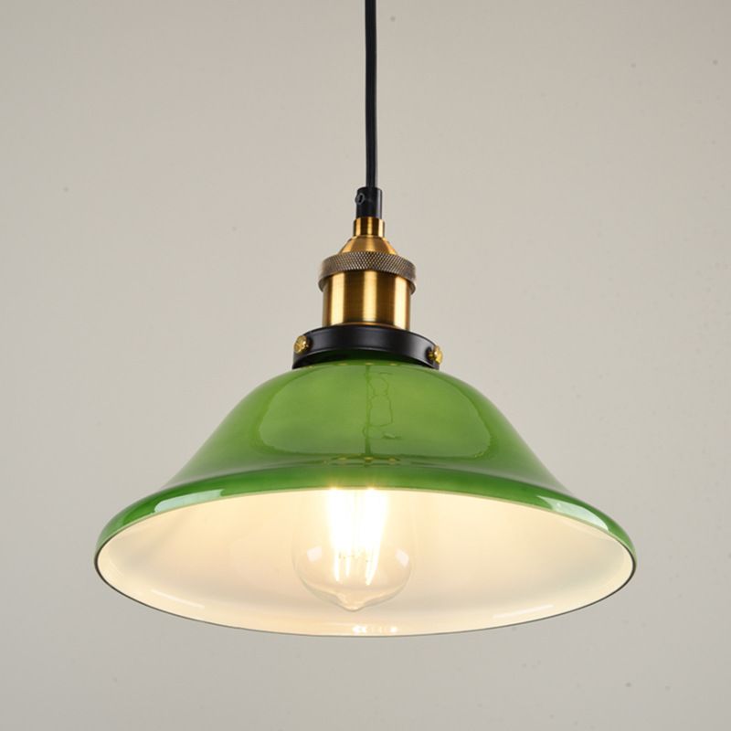 Green 1-Light Pendant Ceiling Light Retro Glass Shade Cone Pendant Light Fixture for Living Room