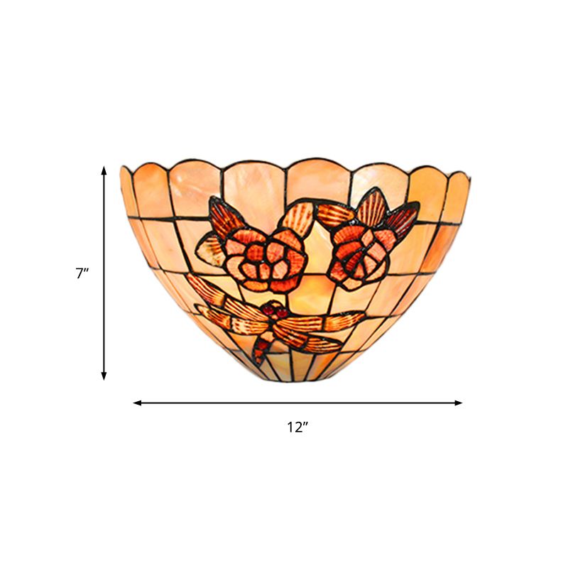 Beige Wall Lamp with Bowl Shade Tiffany Style Handmade Shell Wall Sconce Light with Rose and Dragonfly Pattern