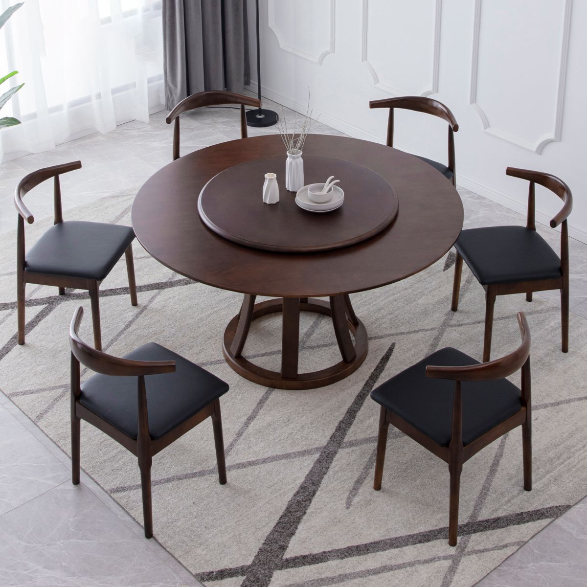 Rotatable Wooden Round Table in Brown Rubber Wood Dining Table with Pedestal