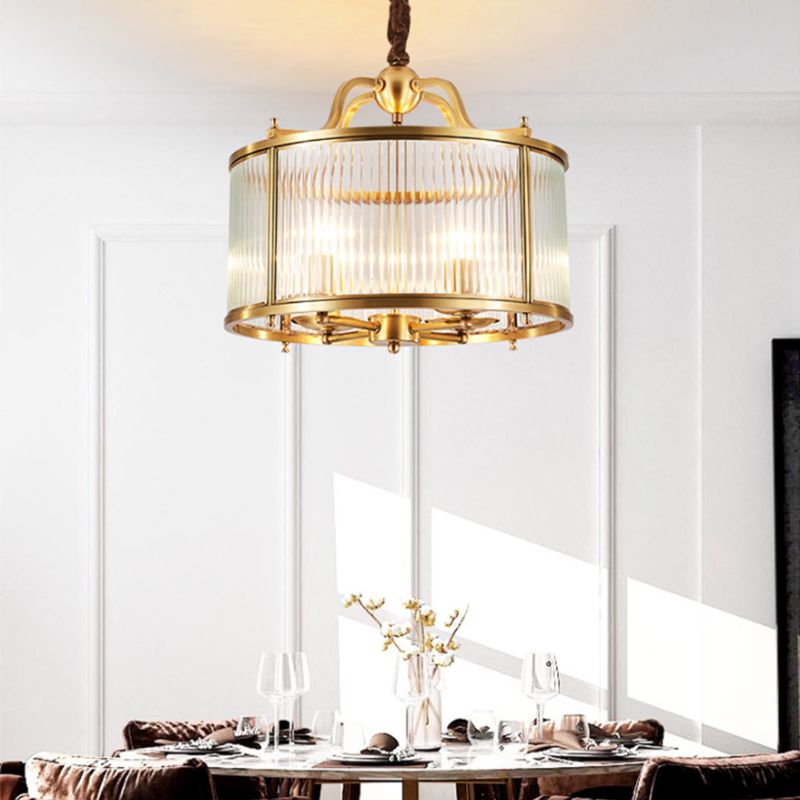 Copper Chandelier Light Fixtures American Style Multi-Head Drum Suspension Lamps with Glass Shade