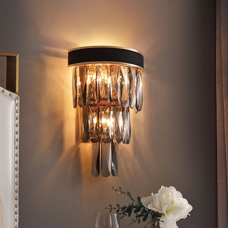 Minimalist 3-Bulb Flush Wall Sconce Black 3-Tier Wall Lighting with Crystal Shade