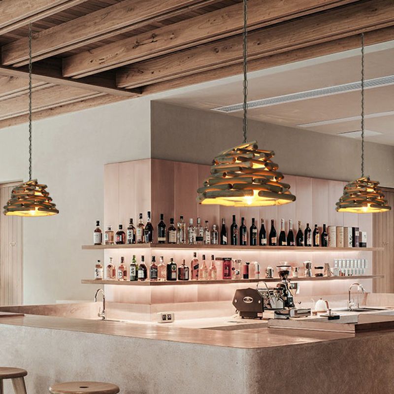 Stacked Sticks Suspension Lamp Lodge Wooden Single Dining Room Pendant Light Fixture