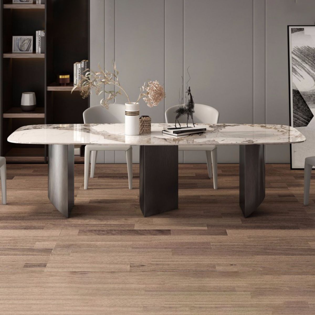 Modern Furniture White Rectangular Sintered Stone Dining Table with Metal Legs for Home