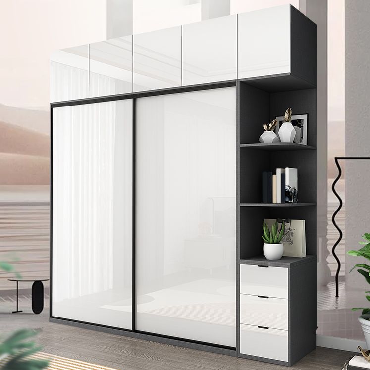 Contemporary White Storage Cabinet Mirrored Finish Cabinet with Sliding Door