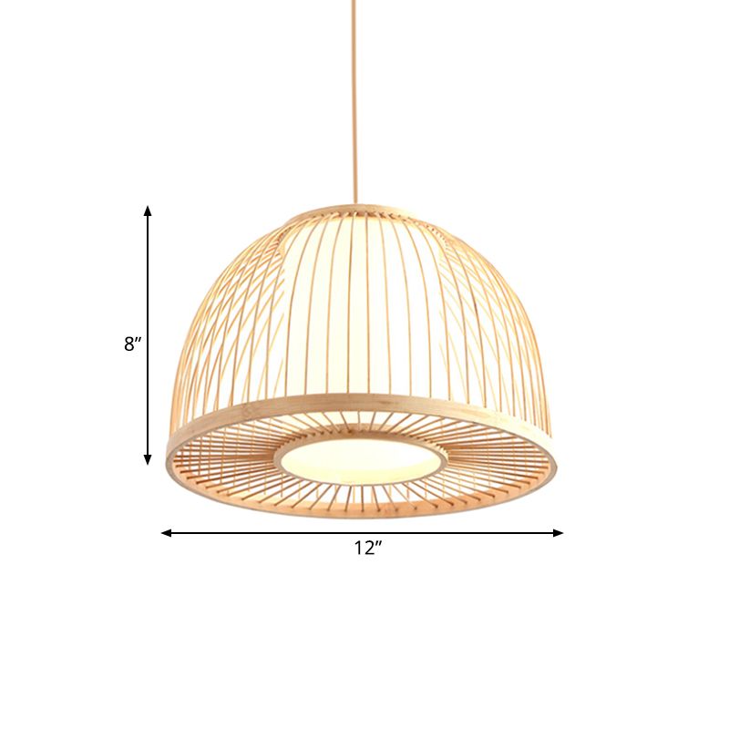 Modernismus gewölbter Anhänger Lampe Bambus 1 Leichte Innenhänge Deckenleuchte mit innerem Zylinderschatten in Beige, 12 "/14" W.