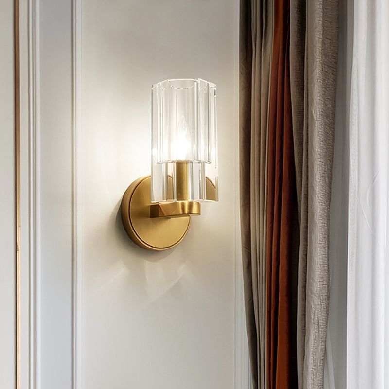 1 Head Bedside Wall Lighting Ideas Modernism Brass Wall Mount Lamp with Cylindrical K9 Crystal Shade