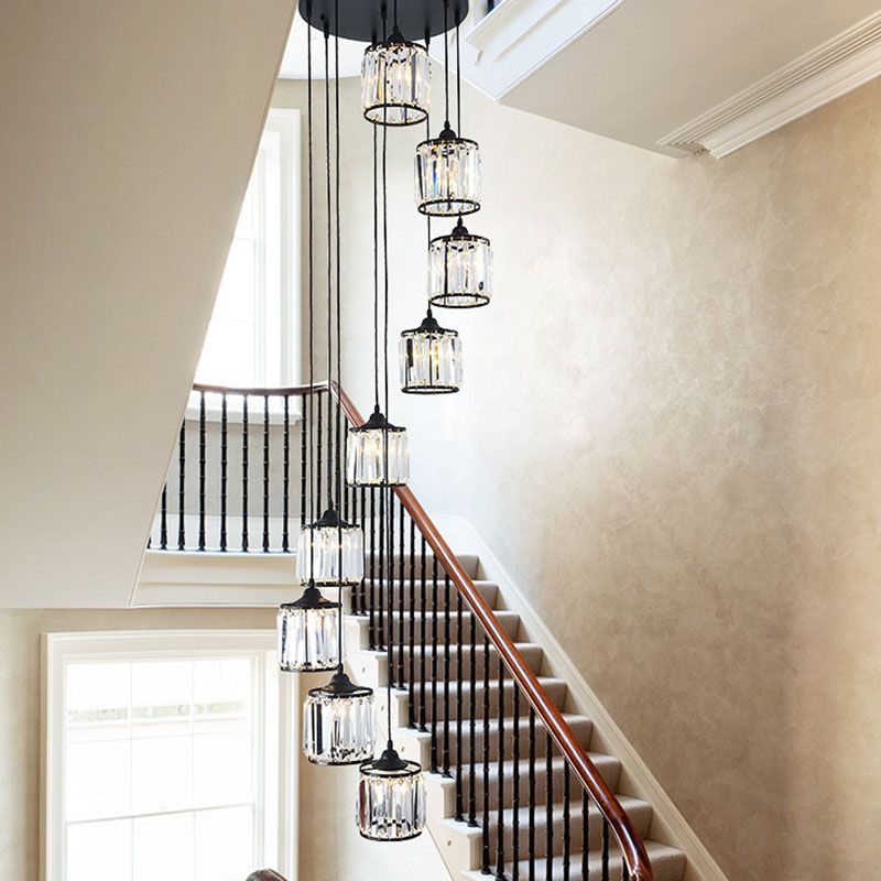 Modern Drum Multi Light Pendant Tri-Prism Crystal Staircase Hanging Lighting in Black