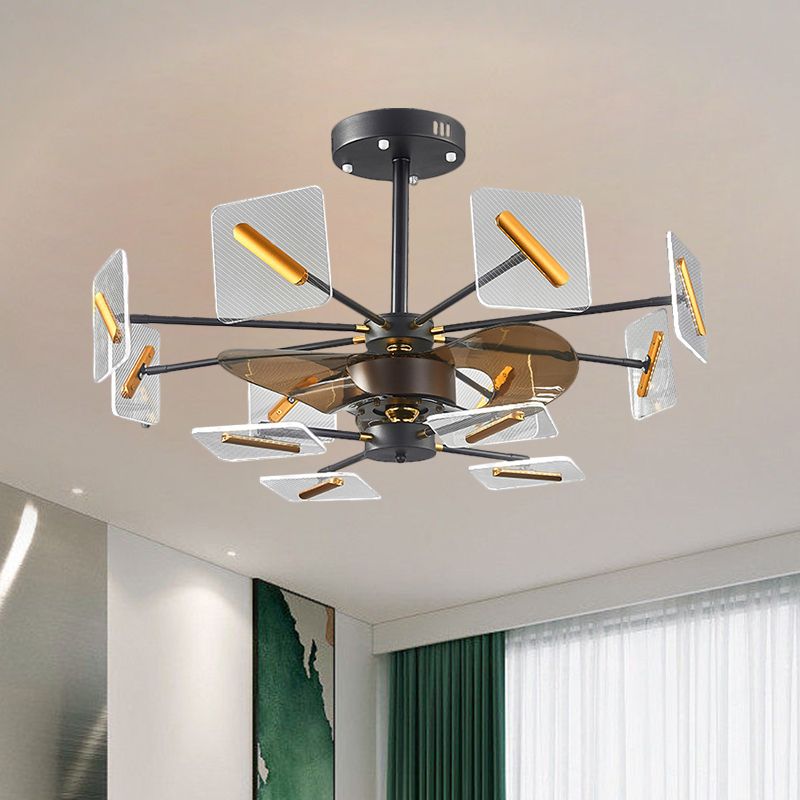 Vierkante paneel hanger ventilator licht modernistische acryl 12 lampen zwart en gouden semi -spoellamp met 3 bruine messen, 34 "w
