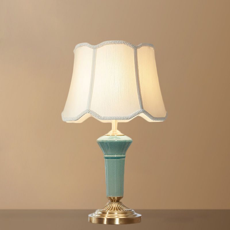 Porcelain Blue Desk Light Column-Shaped Base 1 Light Traditional Table Lamp with Ruffle Edged Fabric Shade