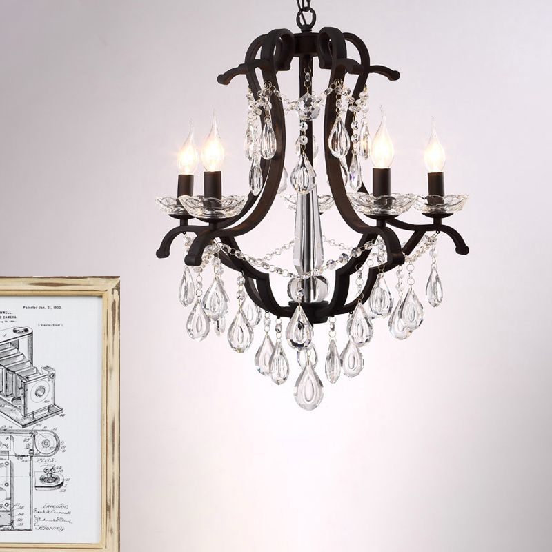 Metallic Black Pendant Chandelier Scroll Arm 5/6-Head Traditional Hanging Ceiling Light with Crystal Drop